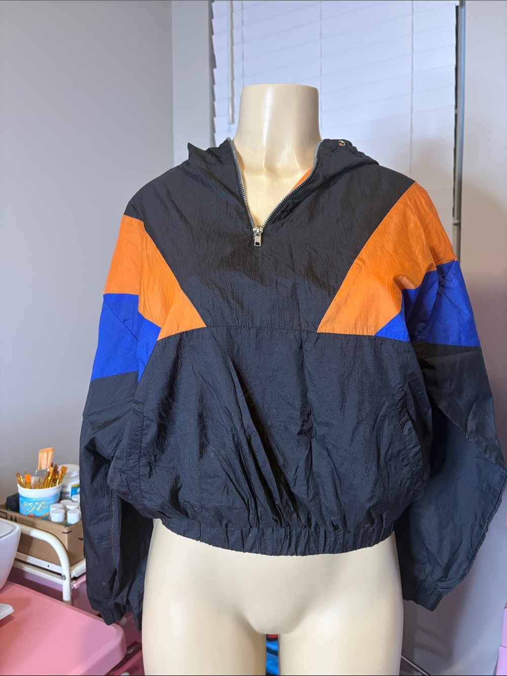 Forever 21 Black Windbreaker Jacket with Orange & Blue Panels